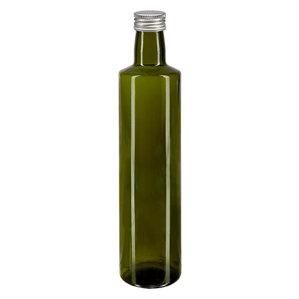 500ml Ölflasche rund Olivgrün inkl. Alu Schraubverschluss Silber