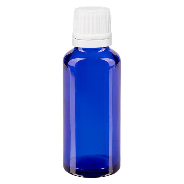 Flacone da farmacia 30 ml colore blu con tappo contagocce 1,2 mm antimanomissione colore bianco