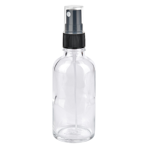 Flacone in vetro trasparente 50 ml con nebulizzatore a pompa colore nero, con spray nasale, Vetro trasparente (bianco), Flaconi contagocce, Prodotti in vetro